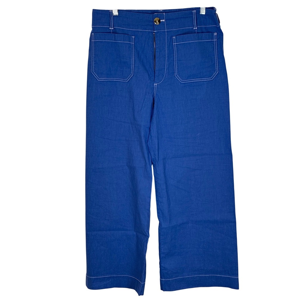 Anthropologie Maeve Colette Pants Cobalt Blue Wide Leg Linen Crop Ankle Size 30